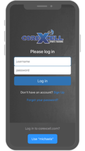COREX12 Rehab App login screen for shoulder recovery program Greenville SC