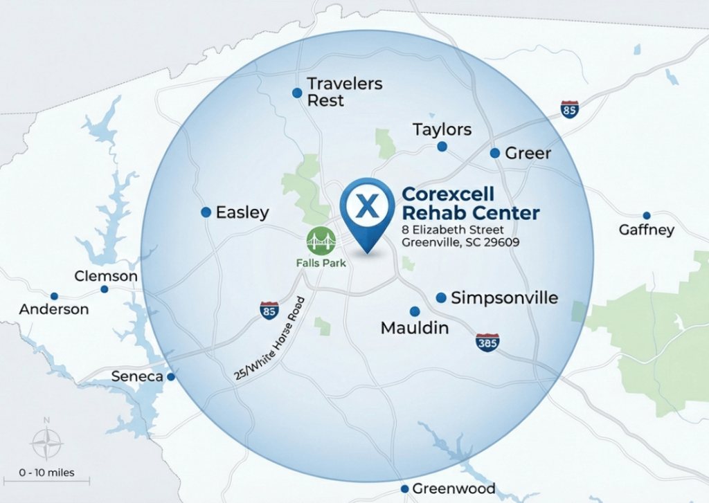 Corexcell Rehab Center service area map Greenville SC Upstate South Carolina