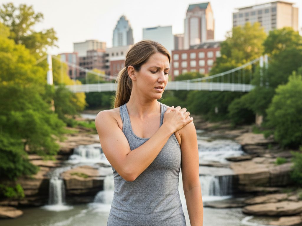 Woman experiencing shoulder pain at Falls Park Greenville SC