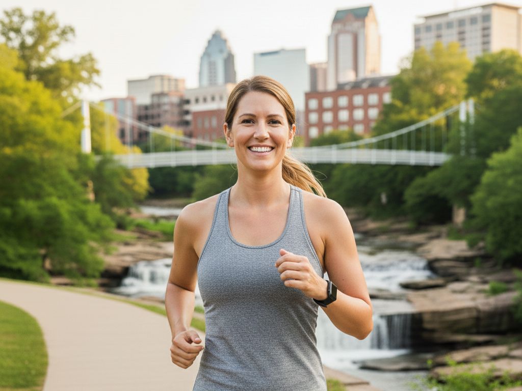 Pain-free woman after shoulder rehabilitation at Falls Park Greenville SC