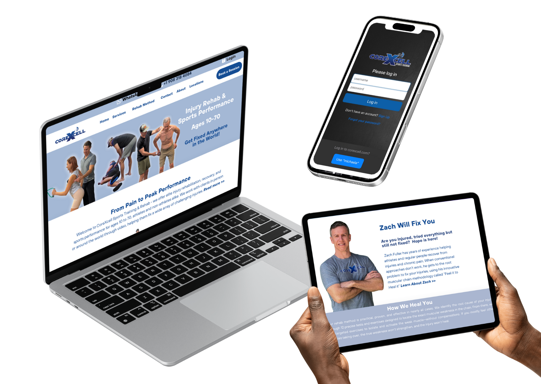 Corexcell rehab app and website displayed on laptop phone and tablet for hip program