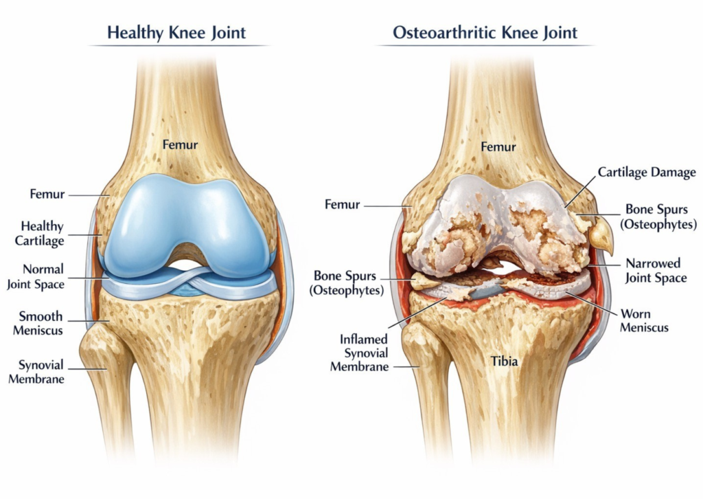 Knee osteoarthritis anatomy comparison healthy joint versus arthritic joint Greenville SC