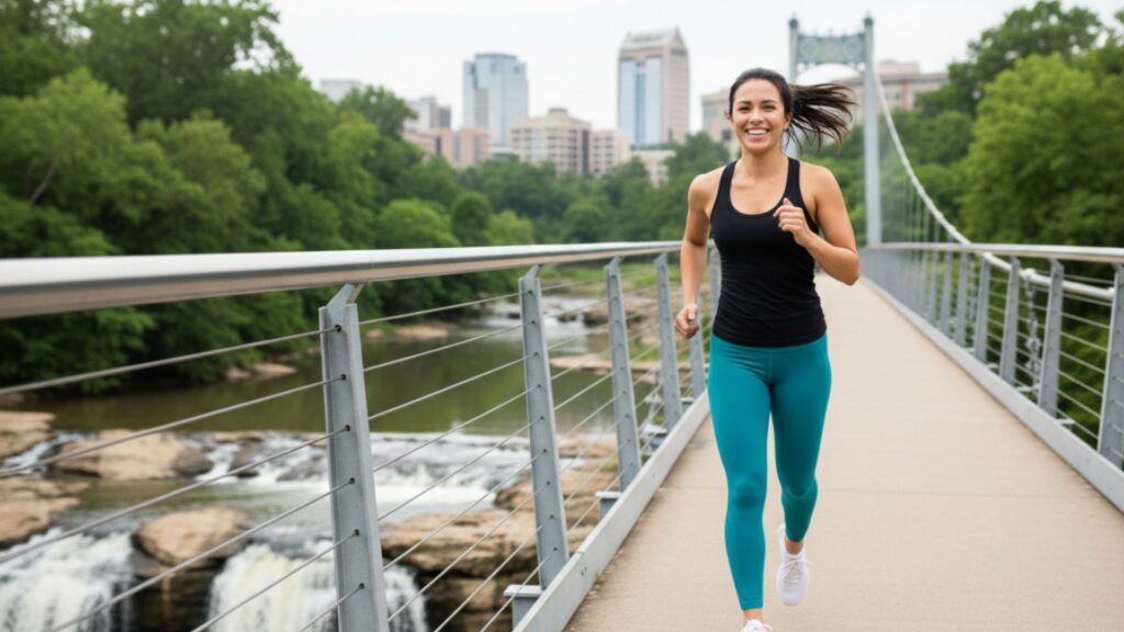 Woman running pain-free after knee rehabilitation on Greenville SC Liberty Bridge