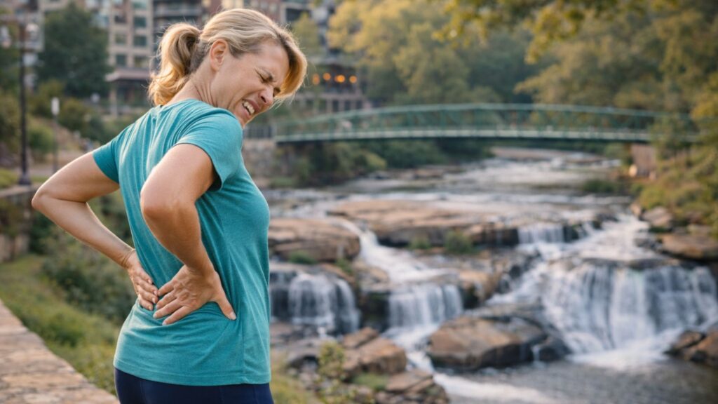 Woman experiencing low back pain at Falls Park Liberty Bridge in Greenville SC