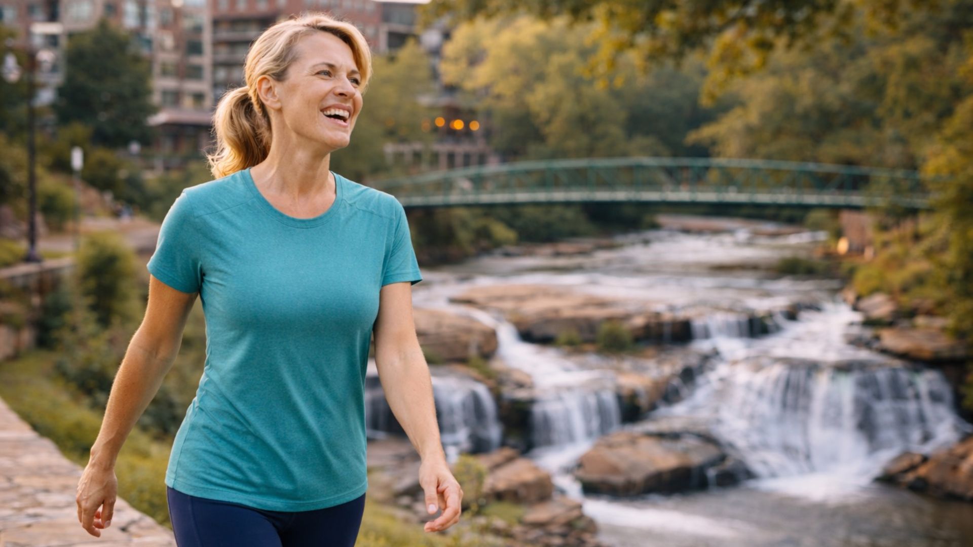 Woman walking pain-free after low back rehabilitation at Falls Park Greenville SC