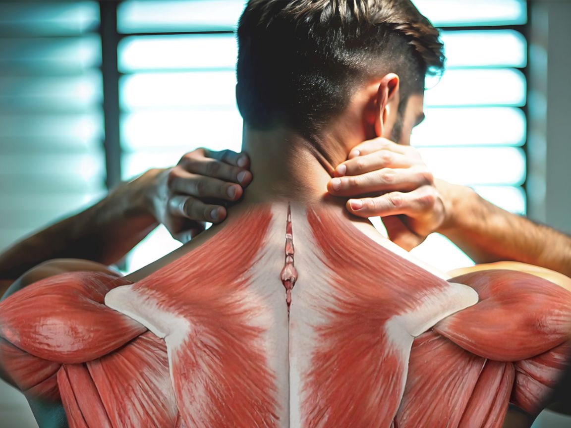 Upper trapezius muscle anatomy showing common shoulder pain compensation pattern